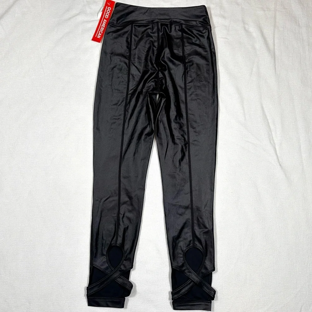 Good American Liquid Cross Over Faux Leather Leggings Black NWT 2 High Rise - Picture 2 of 7